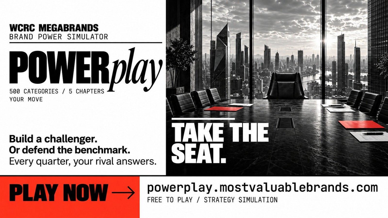 PowerPlay — WCRC MegaBrands Brand Power Simulator. Take the seat. Build a challenger, or defend the benchmark. Play now.